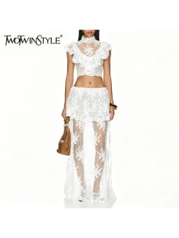 TWOTWINSTYLE Solid Spliced Lace Two Piece Set for Women High Neck Sleeveless Top Mesh Patchwork Floral Zipper Slim Skirt Female