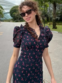 Floral Print Women's Summer Ruffle Dress Sexy V-neck Short Puff Short Sleeve Beach Slim Female Dress 2026 Holidays Lady Robe