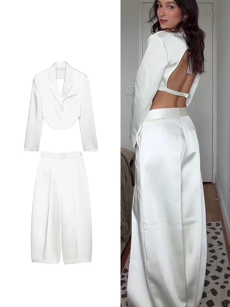 TFMLN Fashion Women's Satin Blazer Pants Set Lapel Backless Short Jacket Balloon Wide Leg Pant 2026 New Solid Casual Suit