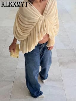 KLKXMYT Elegant Cascading Pleated Asymmetry Blouse Women Loose Chic Batwing Sleeve V Neck Tops 2026 Summer Lady New Blouses 