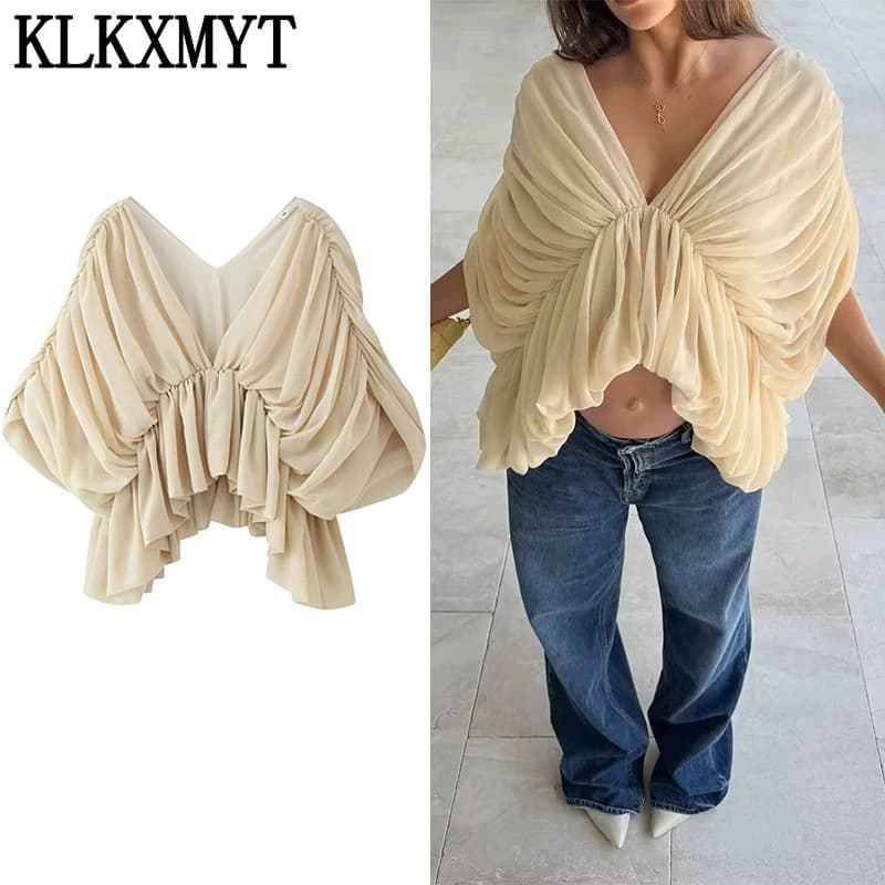 KLKXMYT Elegant Cascading Pleated Asymmetry Blouse Women Loose Chic Batwing Sleeve V Neck Tops 2026 Summer Lady New Blouses 