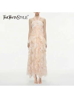 TWOTWINSTYLE Patchwork Folds Print Dresses for Women Halter Sleeveless High Waist Slimming Long Dress Female Fashion Clothing