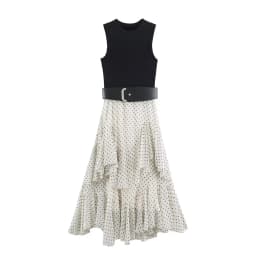 BSAY Elegant Date Party Women Sleeveless Maxi Dress Polka Dot Tiered Ruffle Asymmetrical Hem With Belt Flowy Evening Long Dress