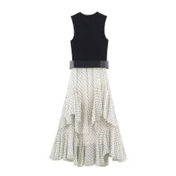 BSAY Elegant Date Party Women Sleeveless Maxi Dress Polka Dot Tiered Ruffle Asymmetrical Hem With Belt Flowy Evening Long Dress