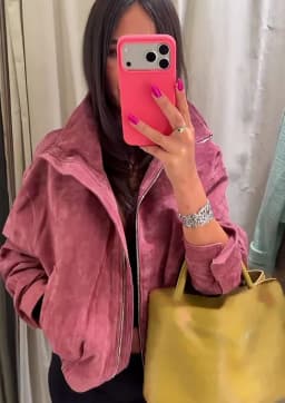 Fashion Dusty Pink Long Sleeve Faux Suede Jackets Women Oversized Stand Collar Zip Up Casual Coat 2026 Autumn New Commute Outfit