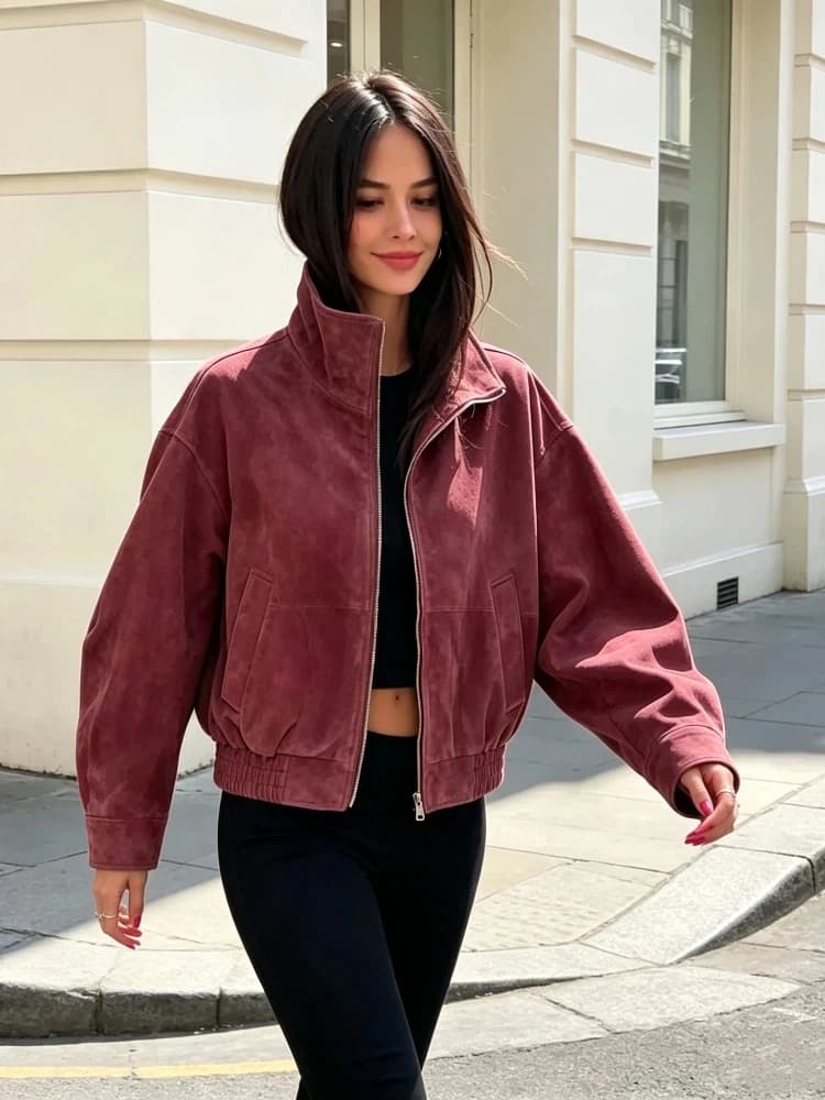 Fashion Dusty Pink Long Sleeve Faux Suede Jackets Women Oversized Stand Collar Zip Up Casual Coat 2026 Autumn New Commute Outfit