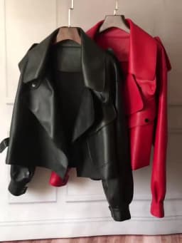 FTLZZ New Spring Women Faux Leather Jacket Biker Red White Coat Turndown Collar PU Motorcycle Jackets Loose Streetwear Outerwear