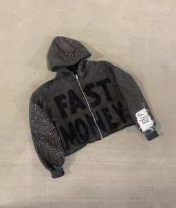 Oversized Washed Grey Rhinestone Sleeve Hoodie Zip up Jacket with Flocked Patch Letter Back Star Frayed Tag Y2K Streetwear