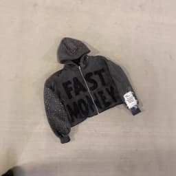 Oversized Washed Grey Rhinestone Sleeve Hoodie Zip up Jacket with Flocked Patch Letter Back Star Frayed Tag Y2K Streetwear