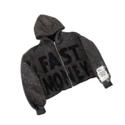 Oversized Washed Grey Rhinestone Sleeve Hoodie Zip up Jacket with Flocked Patch Letter Back Star Frayed Tag Y2K Streetwear