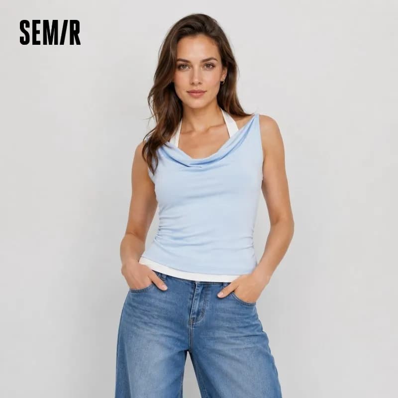 Semir Women Tshirt Short Length Halter Neck Draped Collar Fake Two Piece Slim Fit Stylish 2026 Summer Fashion Casual Top