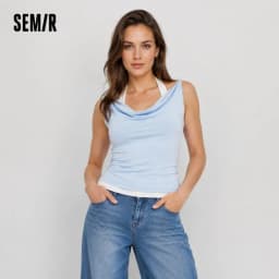 Semir Women Tshirt Short Length Halter Neck Draped Collar Fake Two Piece Slim Fit Stylish 2026 Summer Fashion Casual Top