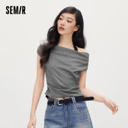Semir Women Tshirt Short Length Halter Neck Draped Collar Fake Two Piece Slim Fit Stylish 2026 Summer Fashion Casual Top