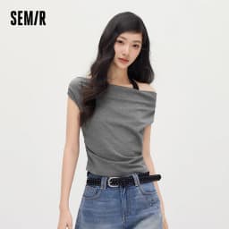 Semir Women Tshirt Short Length Halter Neck Draped Collar Fake Two Piece Slim Fit Stylish 2026 Summer Fashion Casual Top