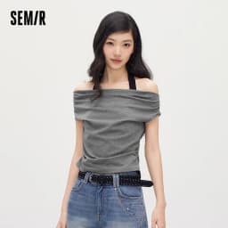 Semir Women Tshirt Short Length Halter Neck Draped Collar Fake Two Piece Slim Fit Stylish 2026 Summer Fashion Casual Top
