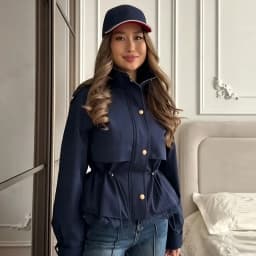 Women Lace Hem Cropped Trench Jacket Stand Collar Epaulet Gold Button Closure Drawstring Waist Coat Casual Ladies Outerwear