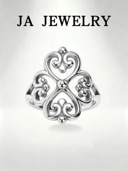 Vintage Filigree Four-Leaf Clover Ring - 925 Sterling Silver Lucky Heart Jewelry for Women
