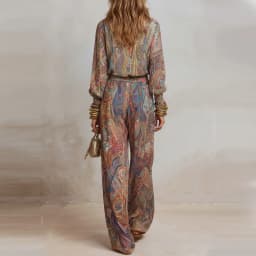 Women's Boho Paisley Print Two-Piece Set V-Neck Long Sleeve Blouse Top Wide Leg Pants Casual Loose Suit for Vacation