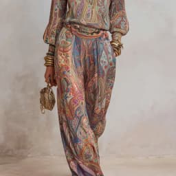 Women's Boho Paisley Print Two-Piece Set V-Neck Long Sleeve Blouse Top Wide Leg Pants Casual Loose Suit for Vacation