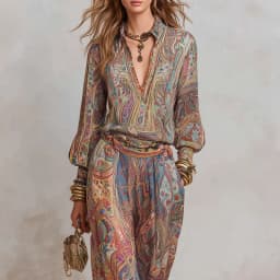 Women's Boho Paisley Print Two-Piece Set V-Neck Long Sleeve Blouse Top Wide Leg Pants Casual Loose Suit for Vacation