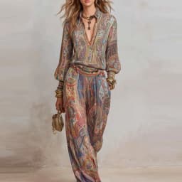 Women's Boho Paisley Print Two-Piece Set V-Neck Long Sleeve Blouse Top Wide Leg Pants Casual Loose Suit for Vacation