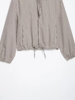 BSAY 2026 Daily Casual Women Grid Plaid Hooded Cropped Jacket Zip Front Drawstring Hem Loose Long Sleeve Streetwear Outer Coat