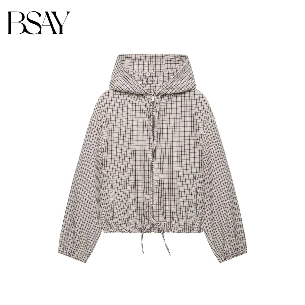 BSAY 2026 Daily Casual Women Grid Plaid Hooded Cropped Jacket Zip Front Drawstring Hem Loose Long Sleeve Streetwear Outer Coat