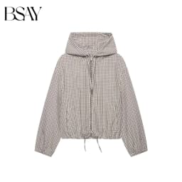 BSAY 2026 Daily Casual Women Grid Plaid Hooded Cropped Jacket Zip Front Drawstring Hem Loose Long Sleeve Streetwear Outer Coat