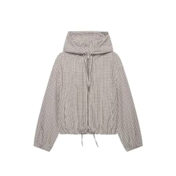BSAY 2026 Daily Casual Women Grid Plaid Hooded Cropped Jacket Zip Front Drawstring Hem Loose Long Sleeve Streetwear Outer Coat