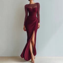 Women Solid Mesh Mermaid Dress O Neck Long Sleeve Ruched Waist High Slit Bodycon Long Dress Elegant Formal Guest Prom Maxi Dress