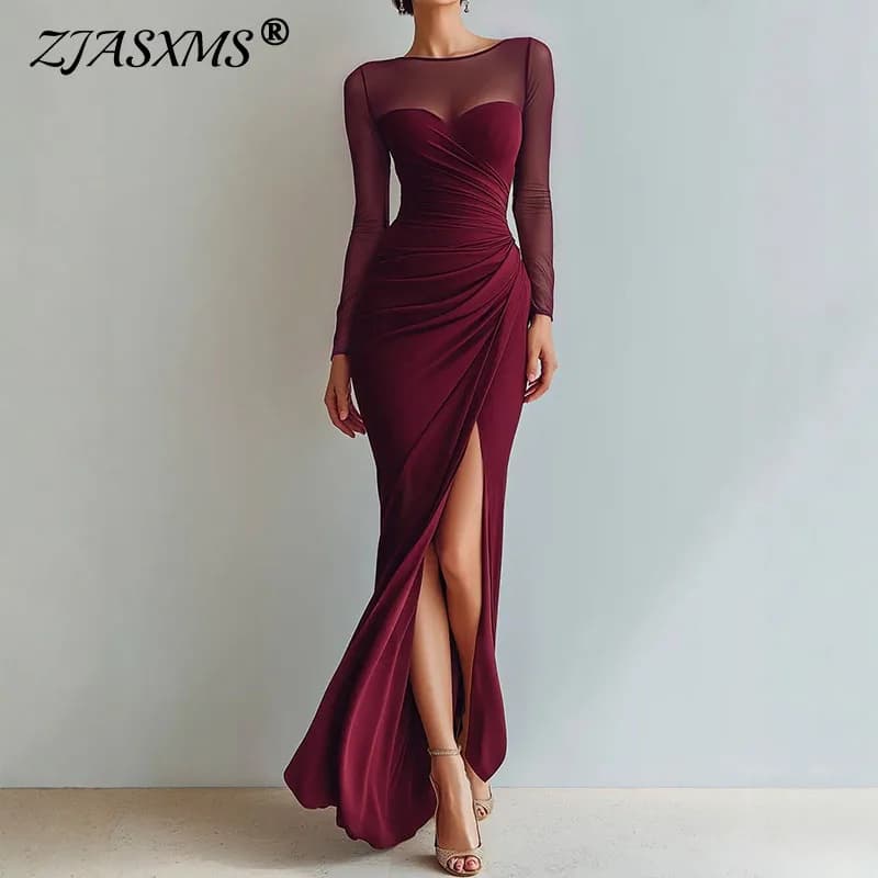 Women Solid Mesh Mermaid Dress O Neck Long Sleeve Ruched Waist High Slit Bodycon Long Dress Elegant Formal Guest Prom Maxi Dress