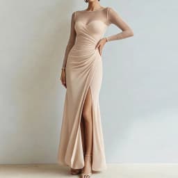 Women Solid Mesh Mermaid Dress O Neck Long Sleeve Ruched Waist High Slit Bodycon Long Dress Elegant Formal Guest Prom Maxi Dress