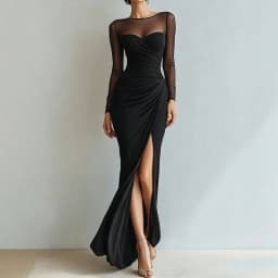 Women Solid Mesh Mermaid Dress O Neck Long Sleeve Ruched Waist High Slit Bodycon Long Dress Elegant Formal Guest Prom Maxi Dress