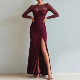 Women Solid Mesh Mermaid Dress O Neck Long Sleeve Ruched Waist High Slit Bodycon Long Dress Elegant Formal Guest Prom Maxi Dress