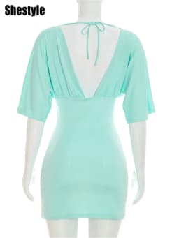 Shestyle Blue V Neck Short Sleeve Dresses Women Sheath Stretchy High Waist Backless Sexy Cleavage 2026 New Stylish Trendy