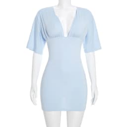 Shestyle Blue V Neck Short Sleeve Dresses Women Sheath Stretchy High Waist Backless Sexy Cleavage 2026 New Stylish Trendy