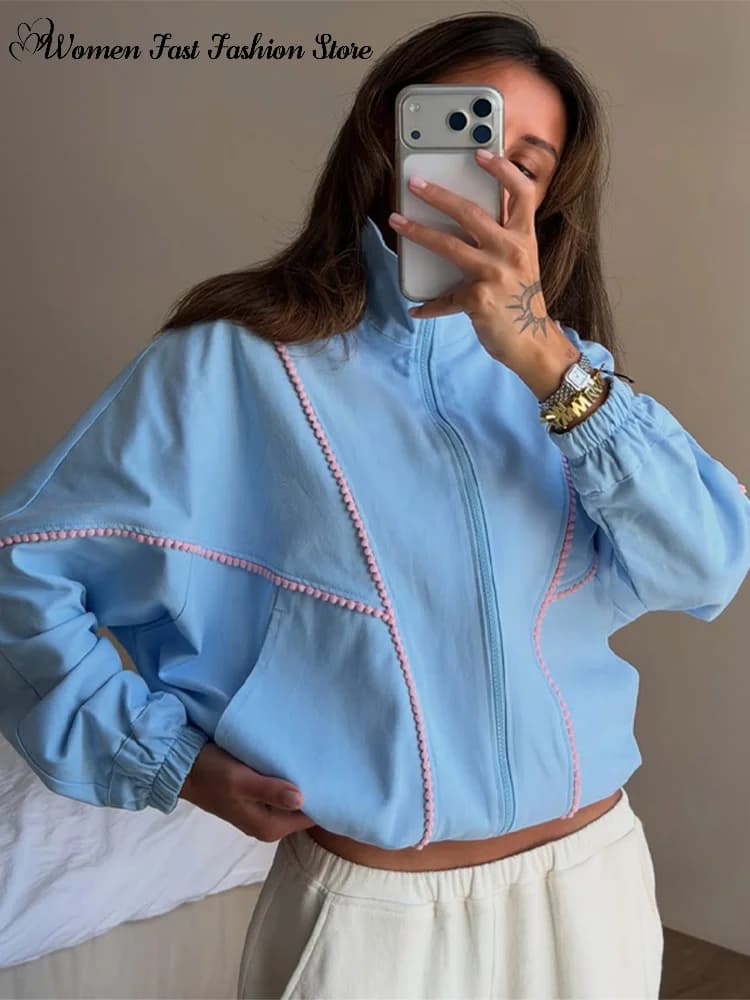 Contrast Denim Bomber Jackets Women's Casual Zipper Stand Collar Full Sleeve Short Coat 2026 Autumn New Lady High Street Outwear
