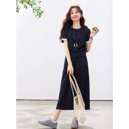VIMLY Navy Casual Office Women's Suit 2026 Summer Contrast Folded Cuff Short Sleeve Tee Elastic Waist Straight Skirt Sets A6390