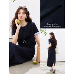 VIMLY Navy Casual Office Women's Suit 2026 Summer Contrast Folded Cuff Short Sleeve Tee Elastic Waist Straight Skirt Sets A6390