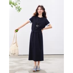 VIMLY Navy Casual Office Women's Suit 2026 Summer Contrast Folded Cuff Short Sleeve Tee Elastic Waist Straight Skirt Sets A6390