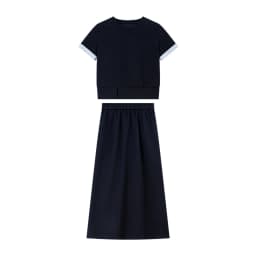 VIMLY Navy Casual Office Women's Suit 2026 Summer Contrast Folded Cuff Short Sleeve Tee Elastic Waist Straight Skirt Sets A6390