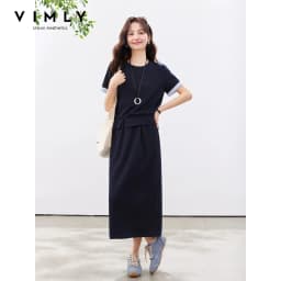 VIMLY Navy Casual Office Women's Suit 2026 Summer Contrast Folded Cuff Short Sleeve Tee Elastic Waist Straight Skirt Sets A6390