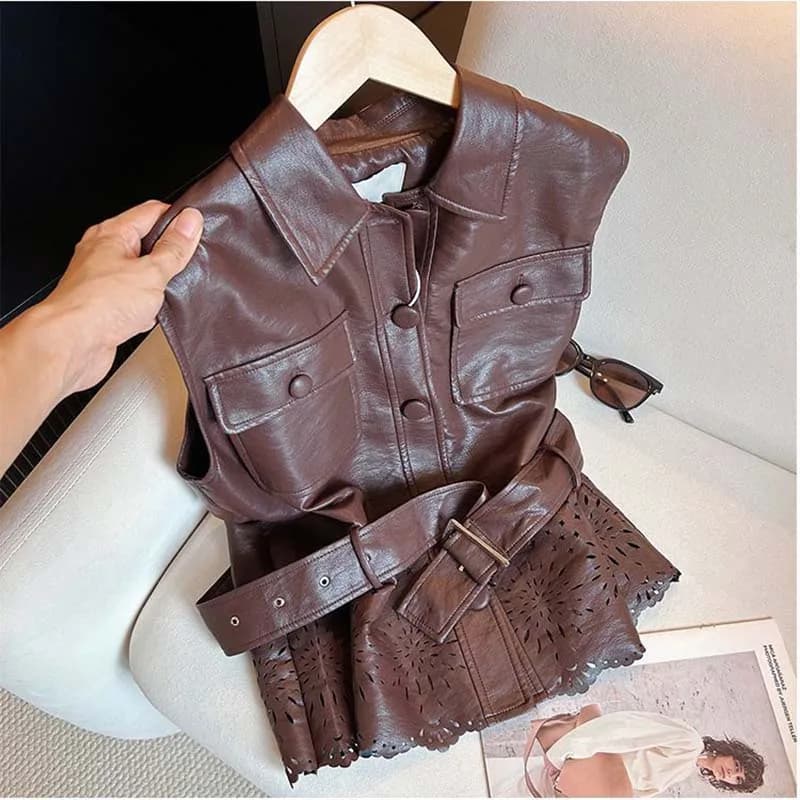 Women's Vests New Fashion Retro Lapel Corset Single-breasted Leather Ladies Hollow Pattern Cardigan Sleeveless Loose Vest Coat