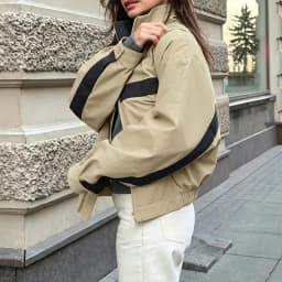 Fashion Women Khaki Jacket Color Matching Stand Collar Zipper Long Sleeve Coat Spring Fall Street Party Sporty Club Outerwear