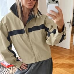 Fashion Women Khaki Jacket Color Matching Stand Collar Zipper Long Sleeve Coat Spring Fall Street Party Sporty Club Outerwear