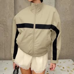 Fashion Women Khaki Jacket Color Matching Stand Collar Zipper Long Sleeve Coat Spring Fall Street Party Sporty Club Outerwear
