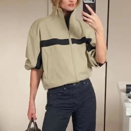 Fashion Women Khaki Jacket Color Matching Stand Collar Zipper Long Sleeve Coat Spring Fall Street Party Sporty Club Outerwear