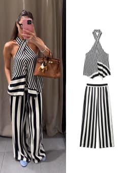 TFMLN 2026 Women's Stripe Halter Top Pant Set Sleeveless Backless Cross Neck Vest Wide Lag Pants Contrast Color Lady Suits