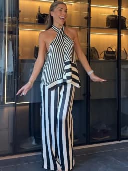 TFMLN 2026 Women's Stripe Halter Top Pant Set Sleeveless Backless Cross Neck Vest Wide Lag Pants Contrast Color Lady Suits