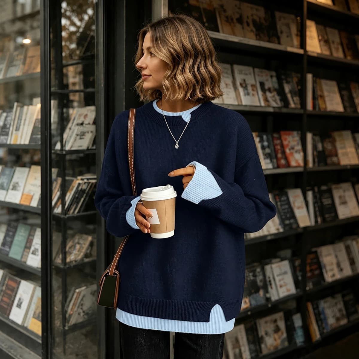 Oversized Women Fake 2‑in‑1 Knit Sweater Contrast Color Patchwork Long Sleeve Crew Neck Pullover Casual Loose Jumper Daily Wear